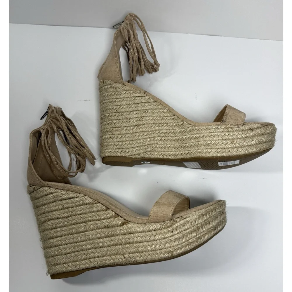 Beige Fringe Espadrille Wedge Sandals Zipper Ankle Strap Fabric Women Size 8